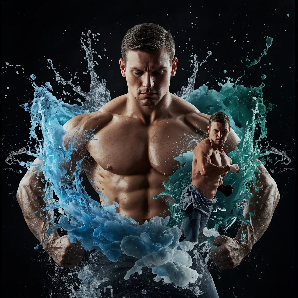 A Bold Male Athlete in Abstract Water Splash Collage with Energy | Happy ai prompt — AI image prompt