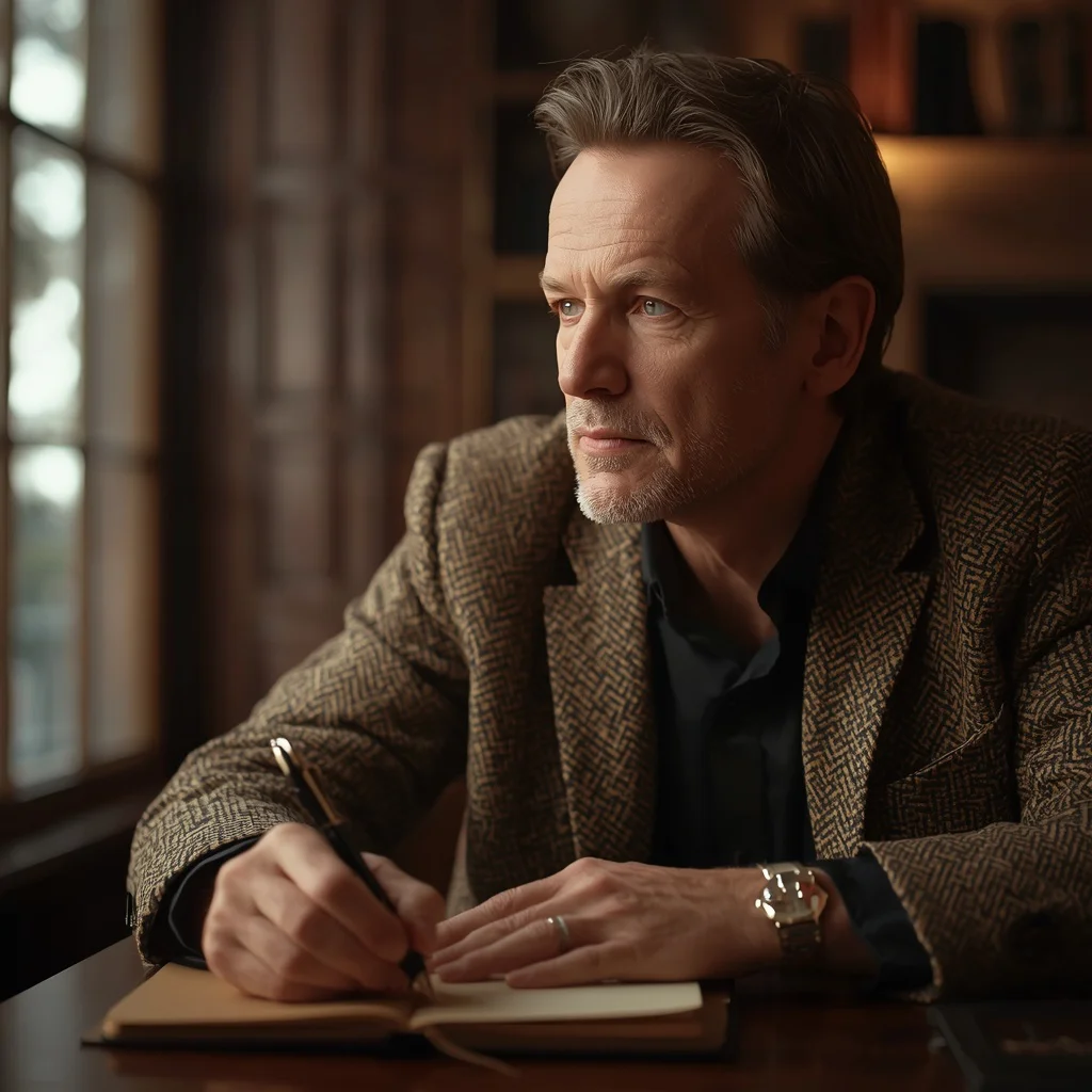 A Male Author's Pensive Moment While Writing a Masterpiece | ai prompt for reels — AI image prompt