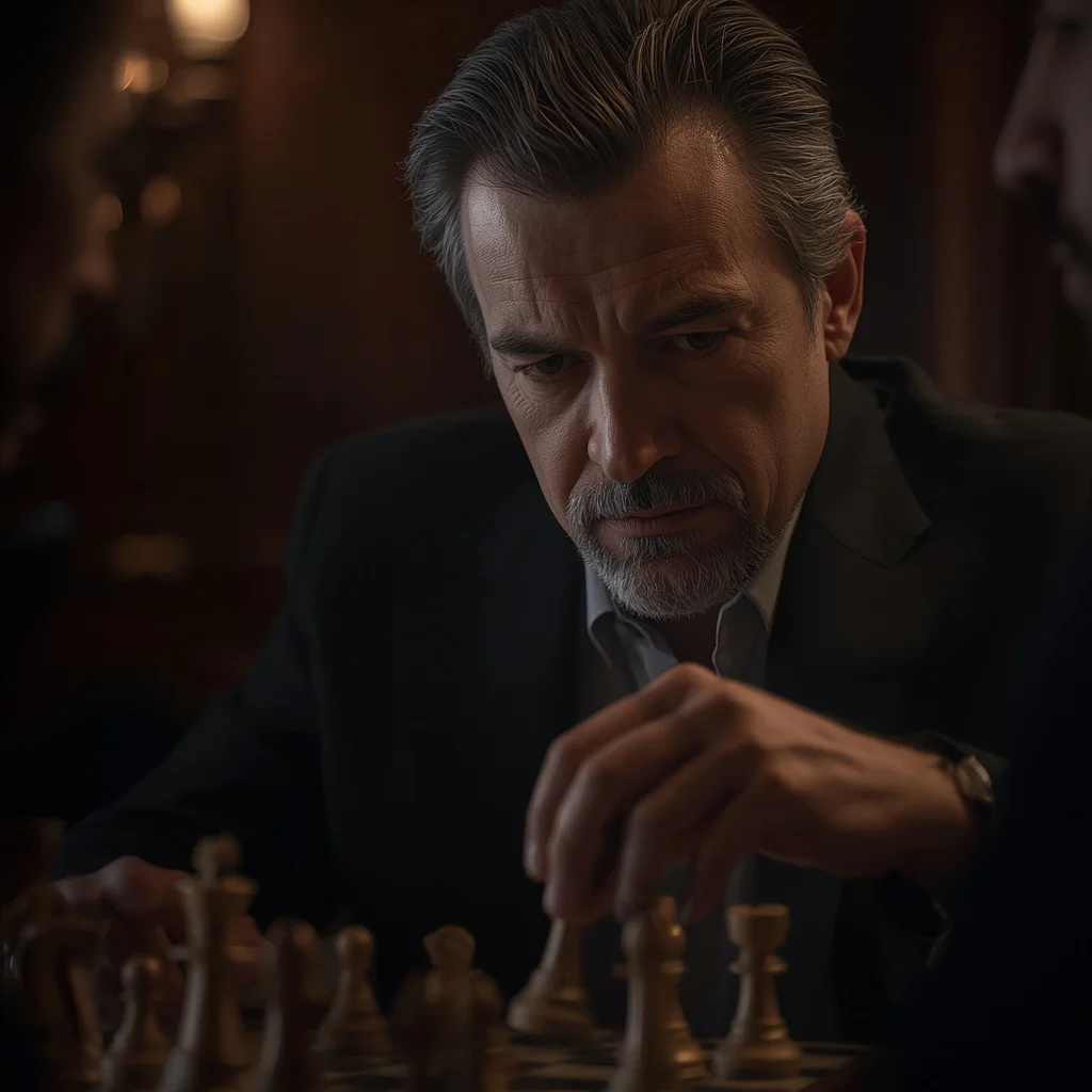 A Powerful Man's Strategic Chess Match in a dimly Lit Club | romantic ai prompt — AI image prompt