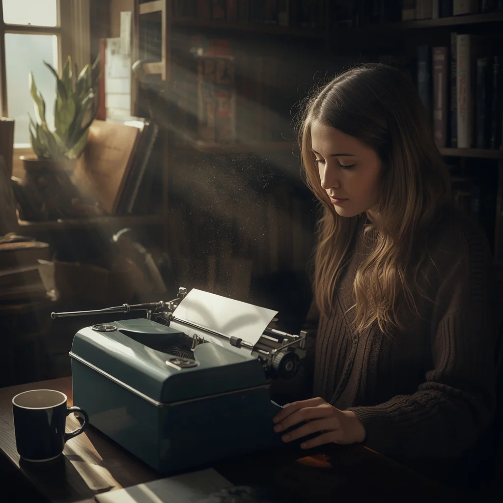 Female Writer Typing on a Vintage Typewriter in a Cozy Nook | Gemini AI photo prompt copy paste trending girl 2026 — AI image prompt