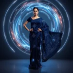 Powerful Woman in a Tech-Integrated Velvet Saree, Futuristic Portal | ai prompt text generator