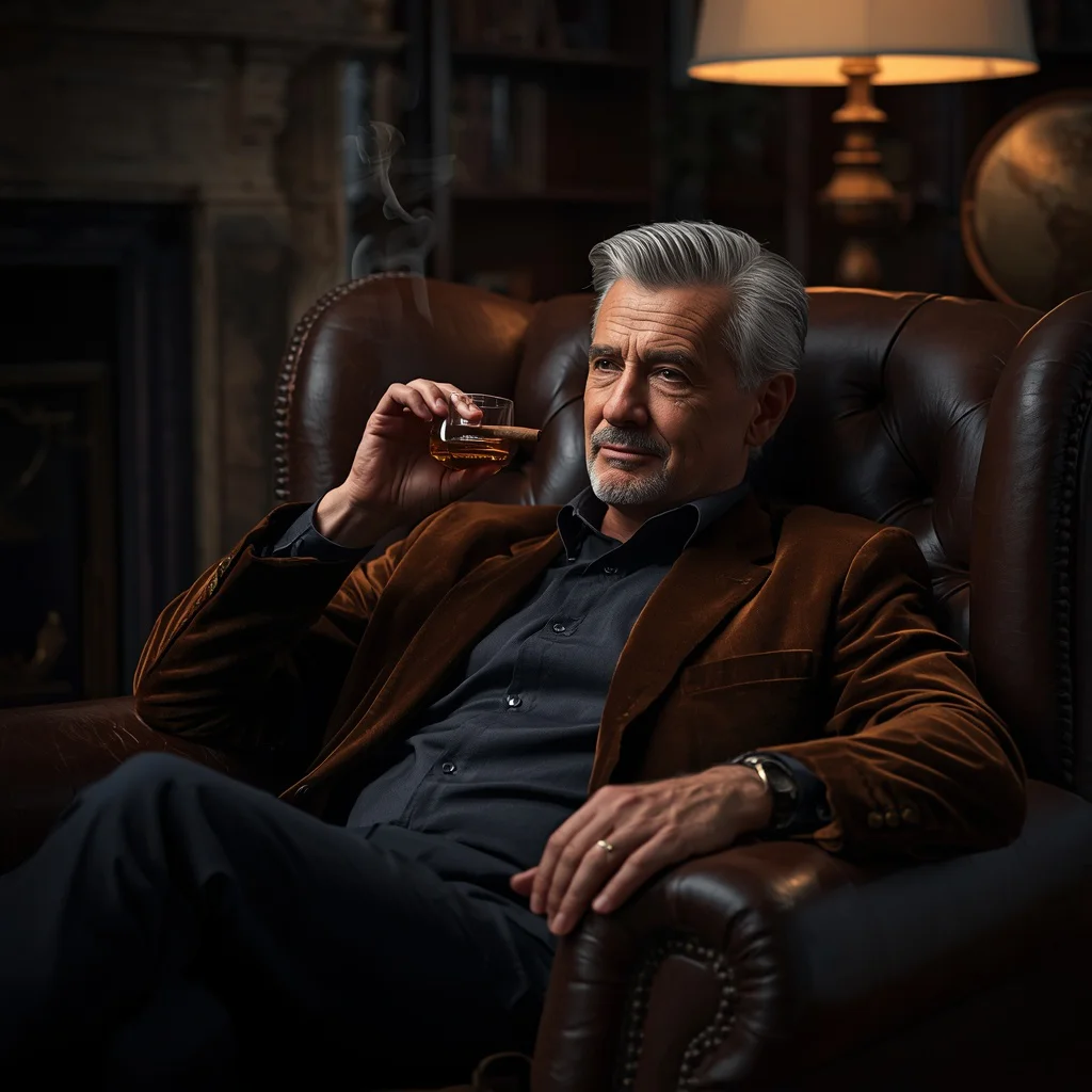 Sophisticated Man Enjoying a Cigar on a Leather Armchair | ideogram ai prompt — AI image prompt