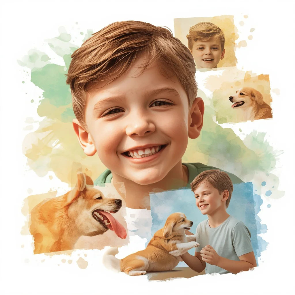 Whimsical Watercolor Collage of a Boy and His Pet | Prompt for Gemini AI boy Indian style Instagram — AI image prompt
